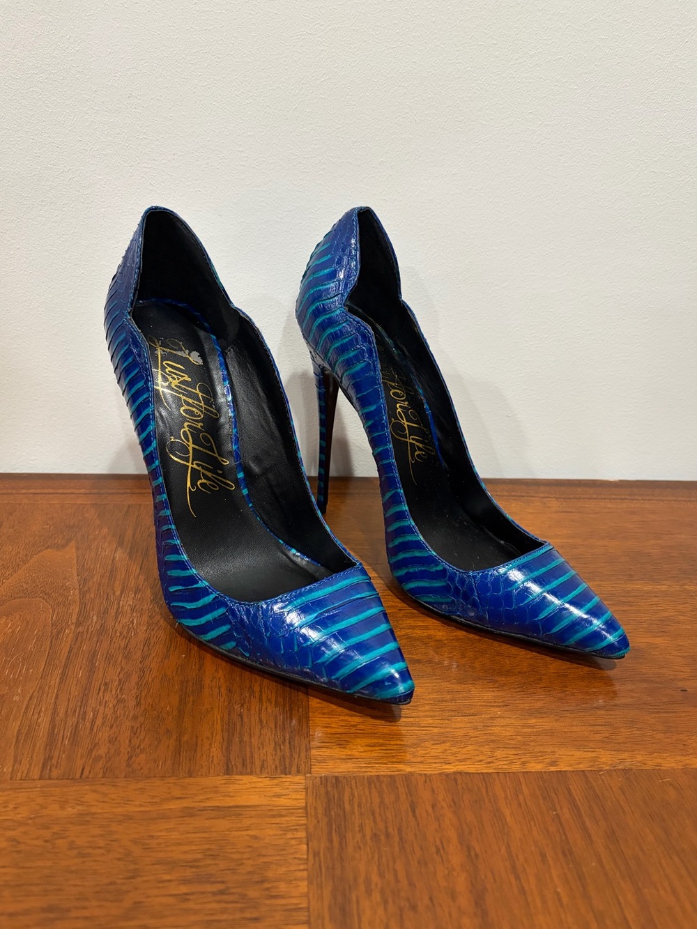 Teal and Blue Snakeskin Kash Stiletto Pumps by LFL Lust For Life